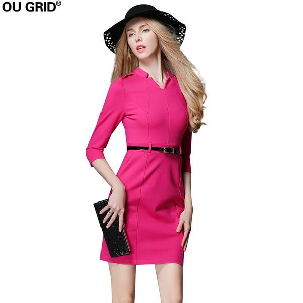 

women work dress 2020 autumn three quarter sleeve rose red slim pink office lady dress plus size with blet l-xxxl, Black;gray