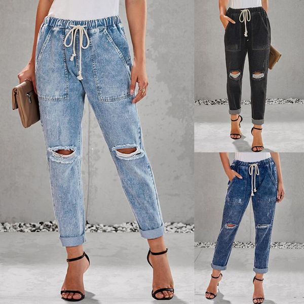 

womens jeans with pocket women pull-on distressed denim joggers elastic waist stretch pants frayed hem holes denim pants, Blue