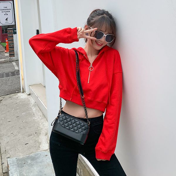 

foreign high waisted 2020 new spring and autumn korean fashion loose pullover hoods lazy navel exposed short style sanitary clothes