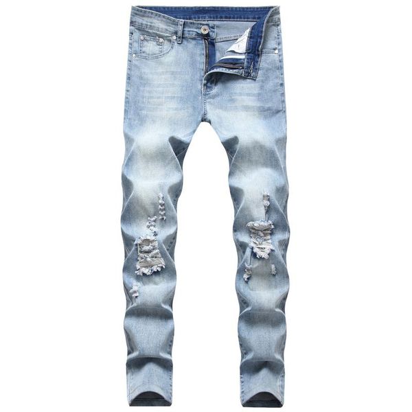 

mens ripped jeans button ripped decor stretchy breathable washable slim fashion personality light blue autumn male streetwear