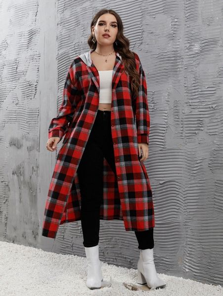 

plus plaid hooded longline blouse 55yg#, Black