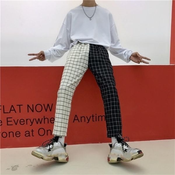 

women vintage plaid patchwork pants harajuku trousers elastics high waist pants korean causal straight checkerboard 201106, Black;white