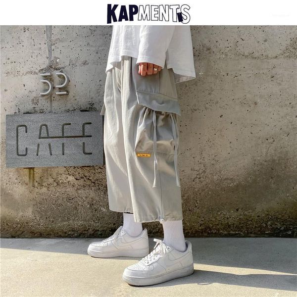 

kapments men multifunction cargo pants 2020 summer mens streetwear hip hop ribbons joggers pants male baggy white harem1, Black