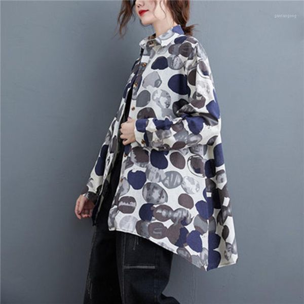 

2020 new spring arrival arts style women loose long sleeve turn-down collar shirt polka dot print cotton linen blouse a4851, White