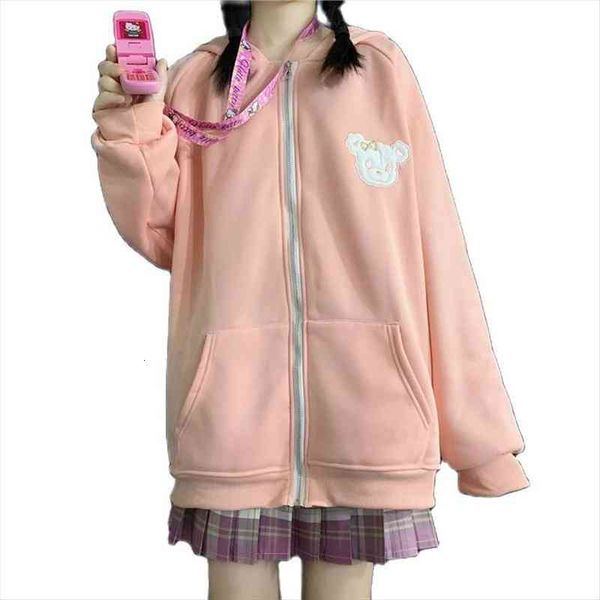 

harajuku sweet rabbit ears hoodies pocket women cute autumn fleece oversized zip up sweatshirts girl pink cartoon clothes, Black
