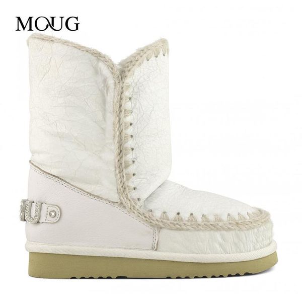 

moug winter shoes women snow boots original 24 rhinestones handmade sheepskin platform ladies ankle boot, Black