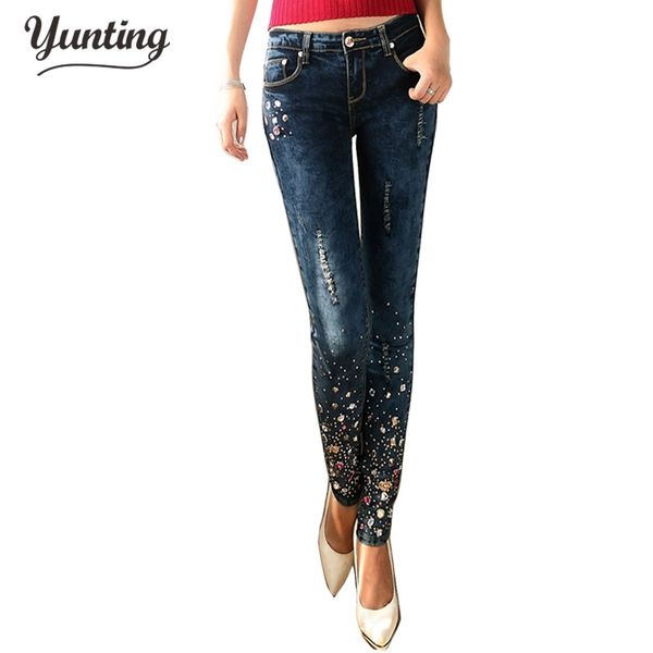 

fashion women diamond drilled jeans female broken hole feet pencil pants long dark blue jeans with rhinestone 201030