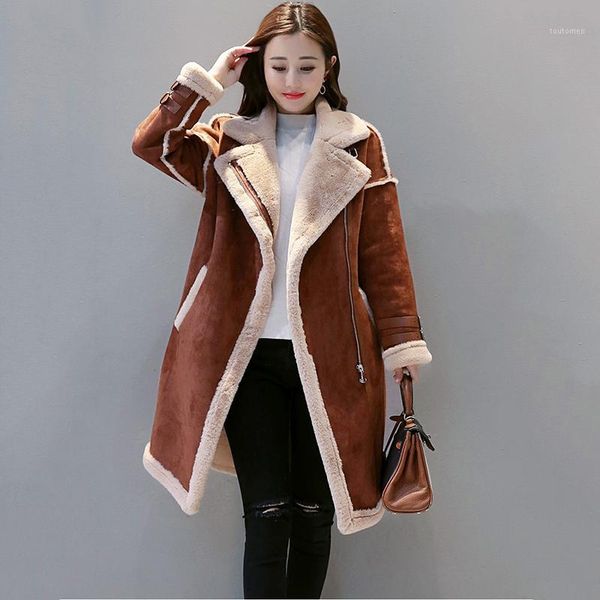 

women 2020 winter suede fur leather coat fashion thick faux sheepskin long jacket overcoat female solid casual warm outwear h921, Black