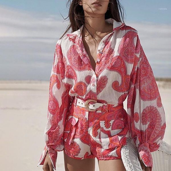 

deat 2020 spring summer long lantern sleeve turn down collar red print shirt shorts two piece set with belt women mi8171, White