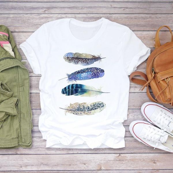 

women watercolor feather trend clothing aesthetic 90s ladies print lady t-shirts womens graphic t shirt female tee t-shirt, White