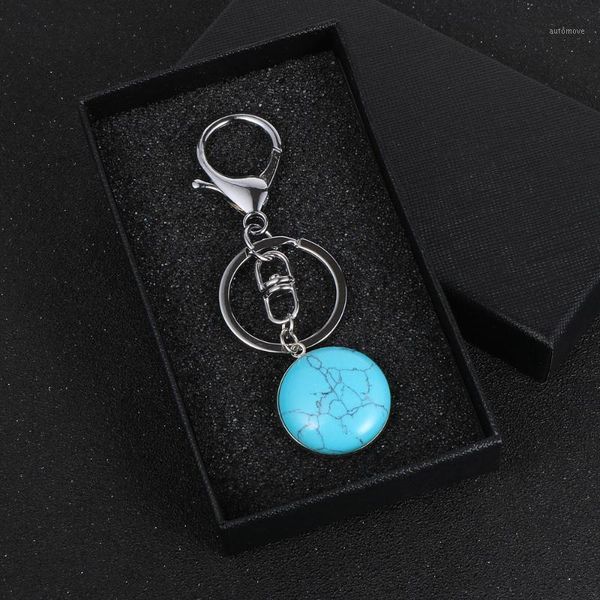 

natural stone pendant keychains for women men 25mm round statement turquoises moonstone key chain ring holder1, Silver