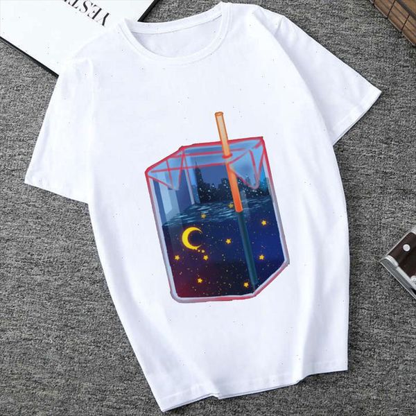 

leisure design summer t shirt women short sleeve harajuku shirt starry sky drink printed funny white t shirt cute kawaii