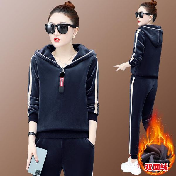 

running sets winter women sportswear tracksuit thick velvet warm hoodie sweatshirt+pant jogger fitness workout casual set sport suit, Black;blue