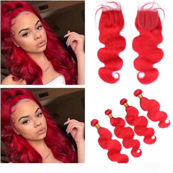 

bright red body wave brazilian virgin human hair 4bundles and closure 5pcs lot red colored human hair weaves with 4x4 front lace closure, Black;brown