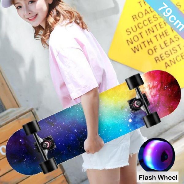 

skateboarding double rocker skateboard beginner 79cm girls primary skate board natural wood maple deck solid and flash wheels