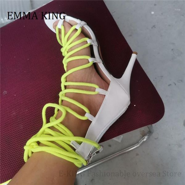 

sandals 2021 summer women gladiator pumps neon green rope lace up strappy high heel sandalias boots luxury design shoes women1, Black