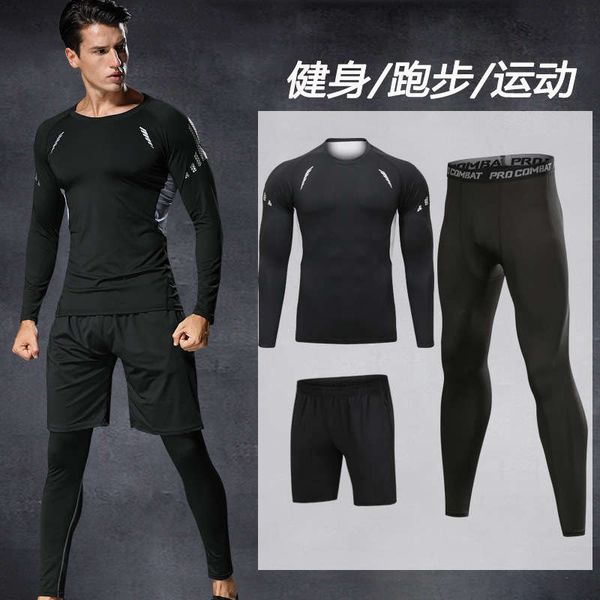 

sports fitness men's three piece quick dry long sleeve breathable training running suit, Gray