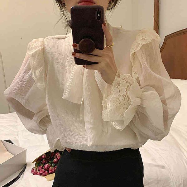 

chic gentle shirt woman spring ins bow tie pleated lace stitching loose micro-transparent flared sleeve blouse, White