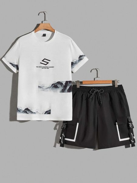 

men slogan graphic print and push buckle flap pocket shorts set v0rt#, Gray