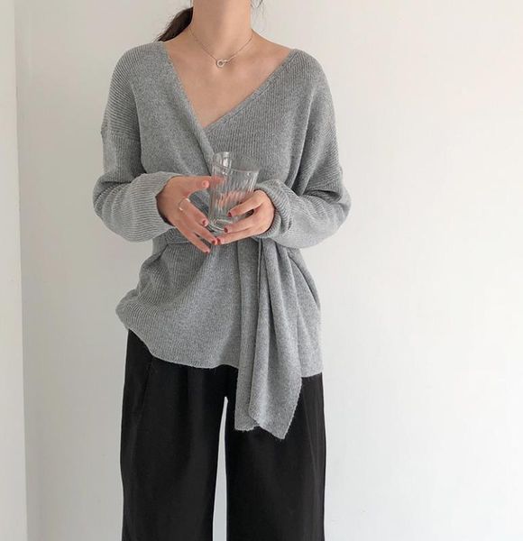 

women's sweaters women's lace-up solid color long sleeve v-neck sweater winter clothes women1, White;black