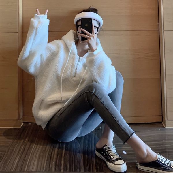 

new korean loose pullover hooded long sleeve thickened lambskin sweater coat women's wear in autumn and winter 2020