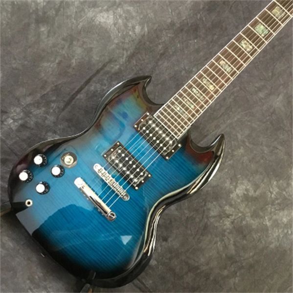 

exclusive production left hand 7 string blue electric guitar, color shell maple flame delivery guitars guitarra