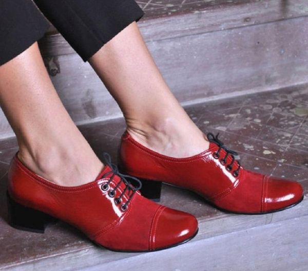 

new patent leather women pumps round toe british red pumps ladies fashion lace up chunky heels office shoes zapatos mujer, Black