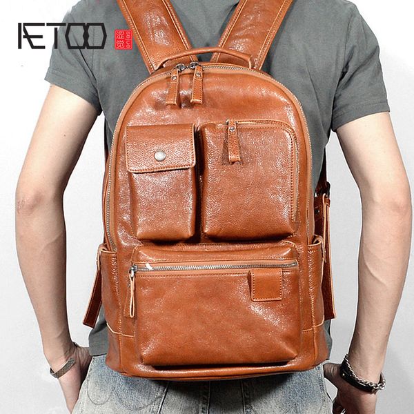 

aetoo leather men's double shoulder bag, casual business backpack, leather travel computer bag, large-capacity backpack