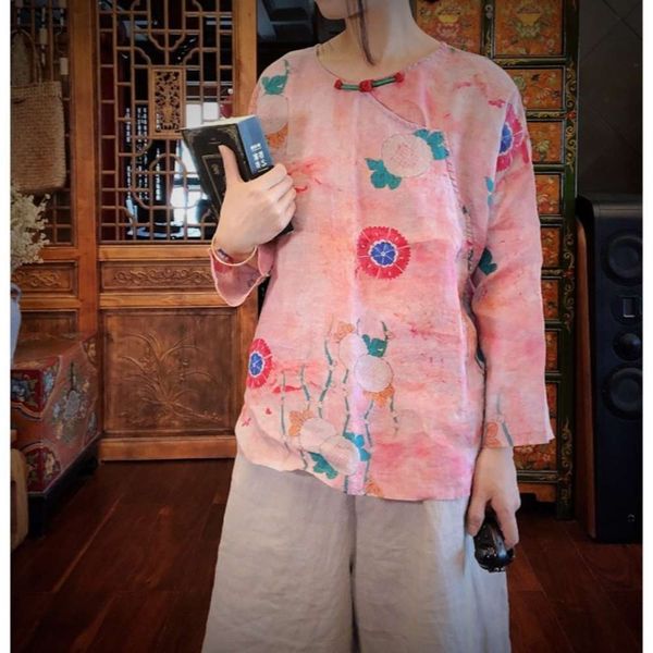 

2020 luoguni pure ramie digital printing manual coil button loose shirt 1654 shaohua, White