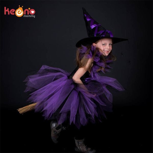 

purple black girls witch tutu dress with witch hat handmade tulle halloween costume carnival cosplay party p dress y200102, Red;yellow