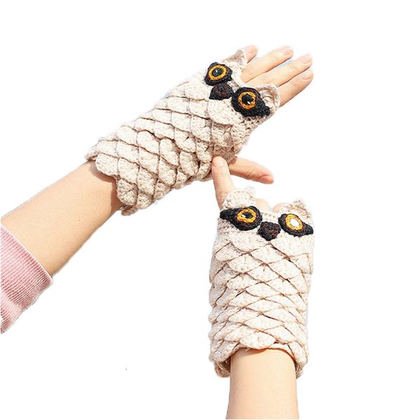 

designer gloves fingerless gloves women warm winter gloves knitting wool thickening jacquard weave korean edition owl cartoon beige, Blue;gray