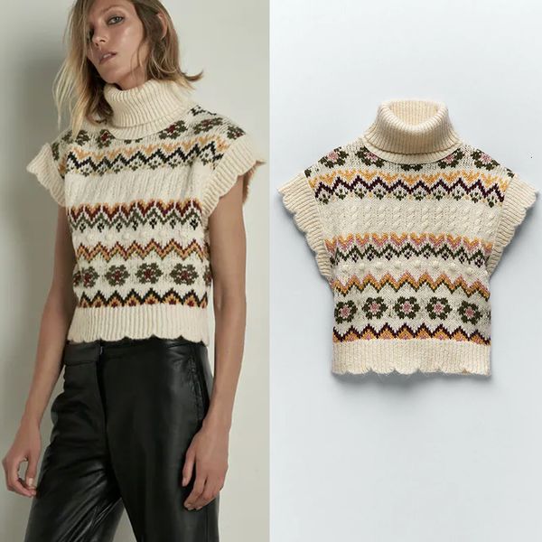 

new women autumn turtleneck sweater short cashmere knitted vest 2021 elastic jacquard pullover sleeveless causal female chic 017m, White;black