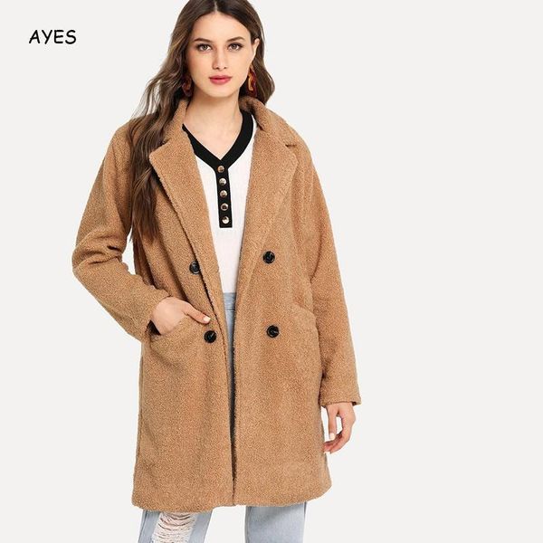 

women's wool & blends women long woolen coat lapel collar casual basic bleen double breasted jacket oversized office lady outwear, Black