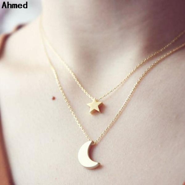

подвеска ювелирных изделий moon простой стильная для и double ahmed сплава золота женщин способа звезды layers ожерелье tsetpgs whole2019, Silver