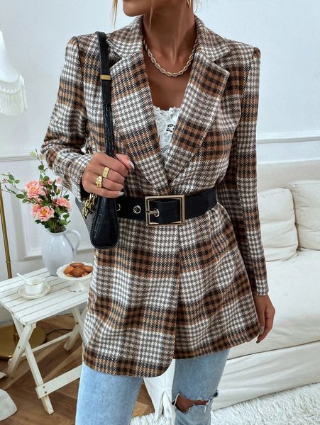 

lapel neck plaid pattern overcoat without belt c5i8#, Black