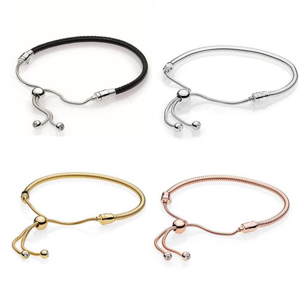 

authentic 925 sterling silver sliding bracelet adjustable signature clasp fit lady bead charm pendant dangle y19051002, Golden;silver