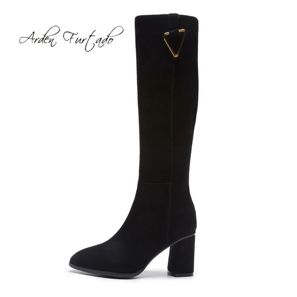 

boots fashion women's shoes winter 2021 pointed toe knee high zipper chunky heels 7cm elegant ladies natural suede size 42, Black