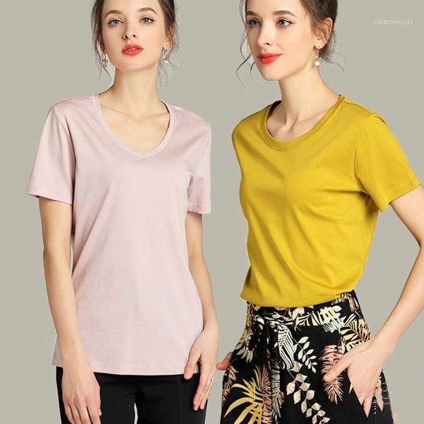 

women's t-shirt 8 color mercerized cotton plain t shirt women elastic basic t-shirts female slim short sleeve women1, White