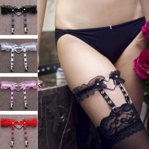 

women girl punk heart gothic pu leather garter belt elastic body tight suspender strap leg harness bondage belts, Black;white