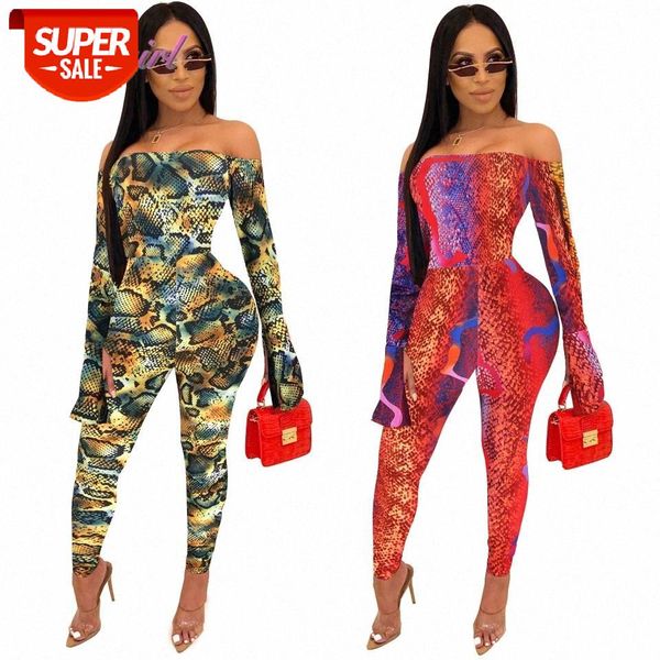 

snake print slash neck full flare sleeve night party club bodycon jumpsuit women antumu outfit streetwear rompers overalls #q29d, Black;white