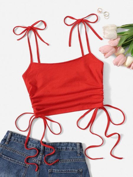 

knot shoulder drawstring ruched side crop cami a02g#, White