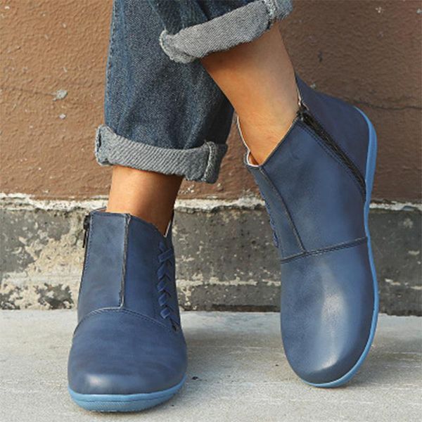

women leather ankle boots stripe 2020 women's comfortable flats woman zip short boots casual footwear shoe plus dropshipping, Black