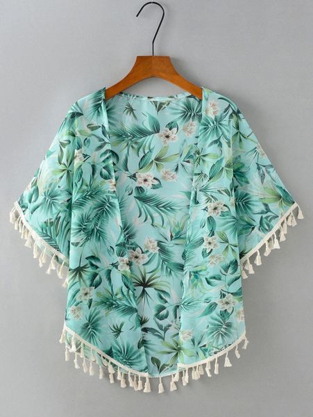 

plant print chiffon cover up l9wa#, White;black