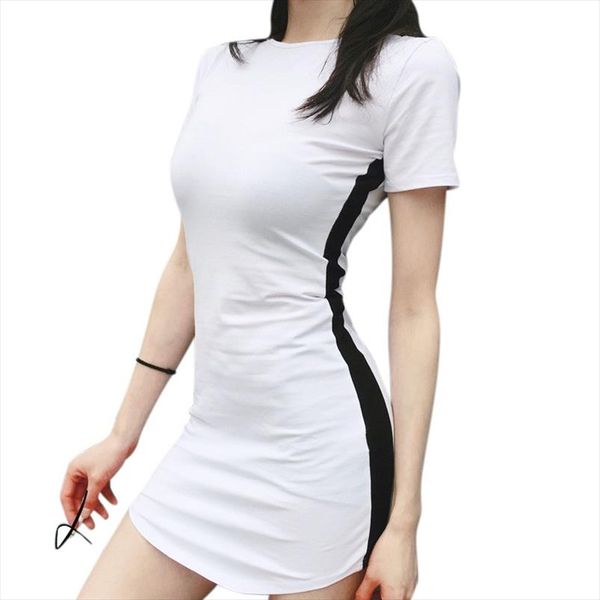 

women short sleeve slim t shirt dresses summer o neck bodycon striped printed mini dress drop shipping, Black;gray