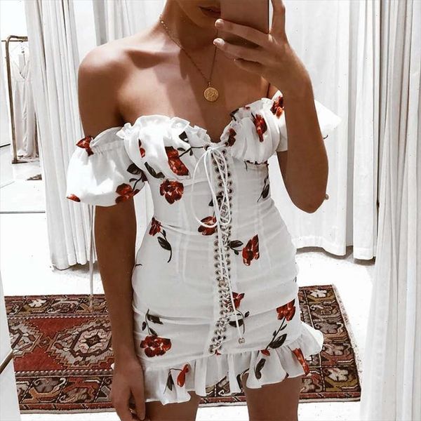 

women summer dress 2021 lace up strapless off the shoulder dress short sleeve holiday floral print ruffle beach white, Black;gray