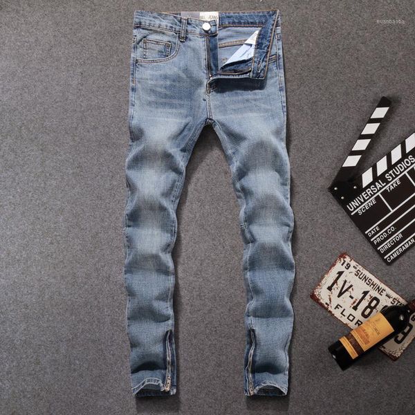 

american streetwear men jeans blue color slim fit casual denim pants ankle zipper elastic jeans men hip hop homme1