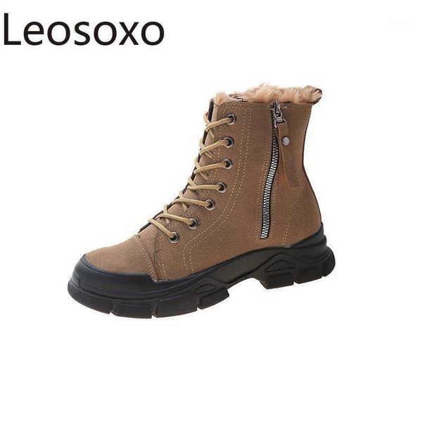

boots snow shoes warm cotton side zipper front lacing platform comfortable anti-slip winter high-women1, Black