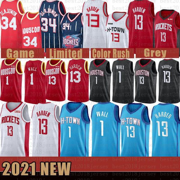 

2021 new basketball jersey houston rocket mens john 1 wall james 13 harden hakeem 34 olajuwon mesh retro lavender, Black;red