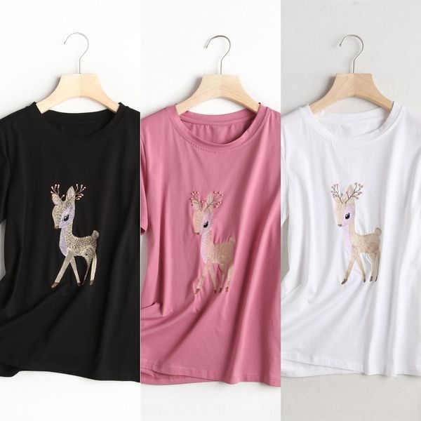 

h56or корейский стиль женщин одежда 2020 лето новый clothingclothing футболки круглый с короткими рукавами из бисера e2101 вышитые шеи футбо, White