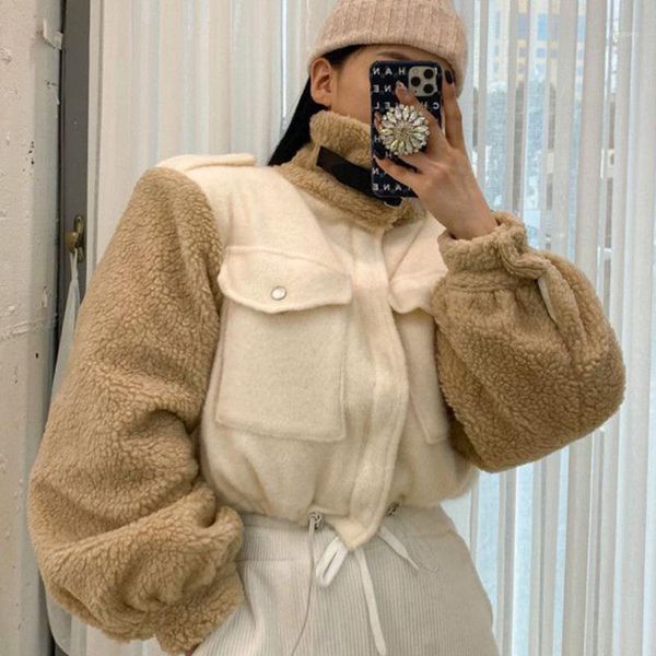 

zcsmll korea chic vintage stand collar loose double pockets imitation lamb hair long sleeve thick loose short coat female 20201, Black;brown